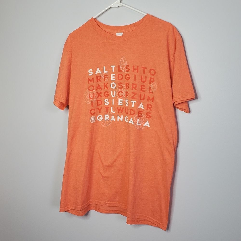Gran Gala T Shirt L Orange White Graphic Print Word Search Orange Liquer
